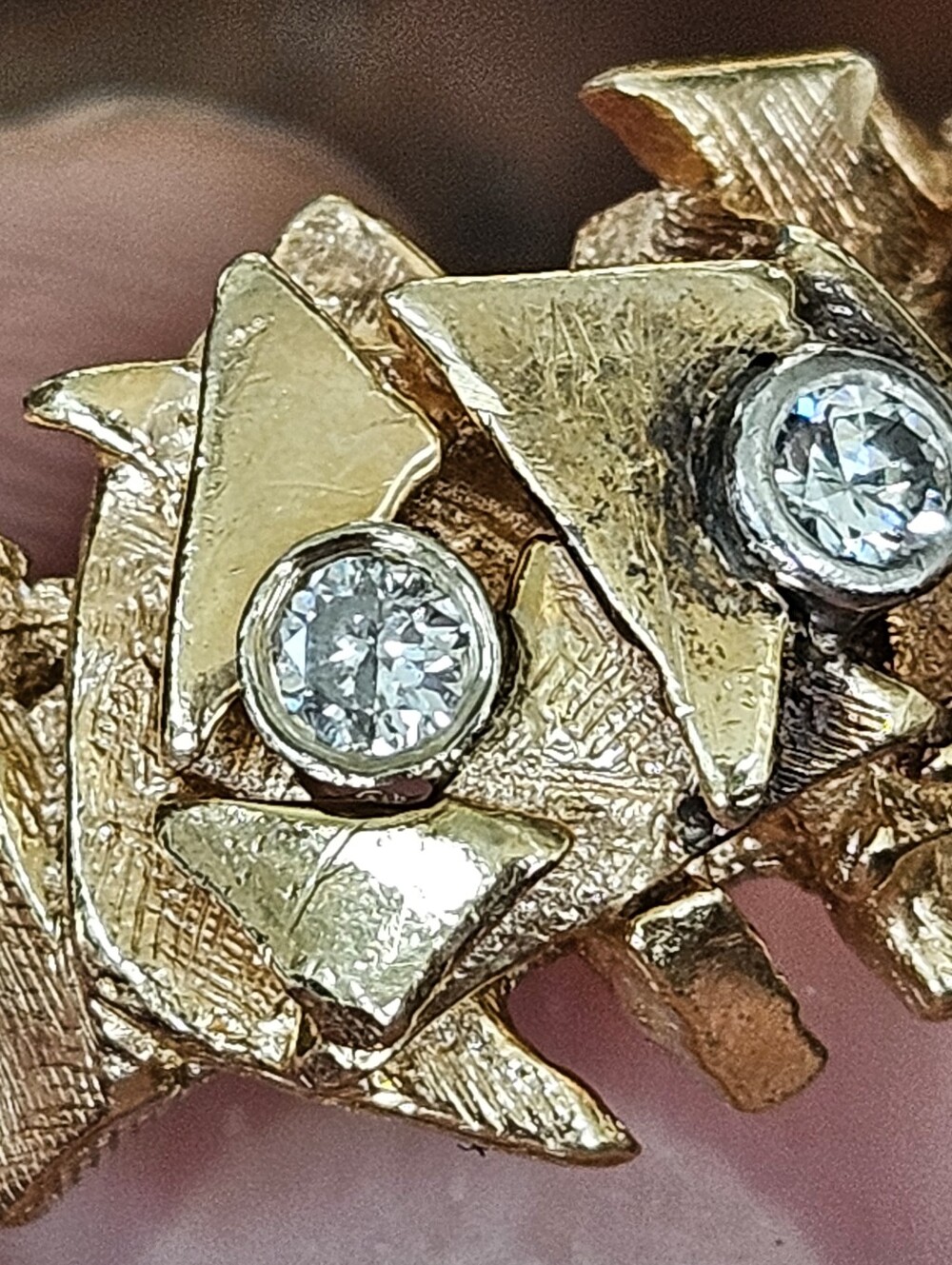 Vintage European Solid 14k 585 MCM Brutalist 3 Stone Diamond Nugget Ring - Picture 8 of 11